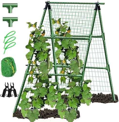 JK-GMTE A-Frame Metal Garden Trellis Set for Raised Bed for Climbing Plants Outdoor-Detachable Cucumber Climbing Trellis with Net Clips-Garden for Cucumber Flowers Vegetables