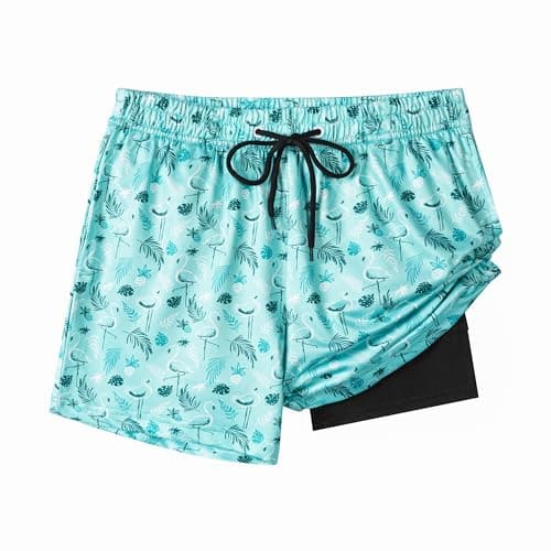 Boys Swim Trunks with Compression Liner, Boy Bathing Suit Swimming Trunks Mint Flamingo Leaf Boy's Board Shorts Swimwear, Quick Dry 4 Way Stretch Beach Shorts for Boys