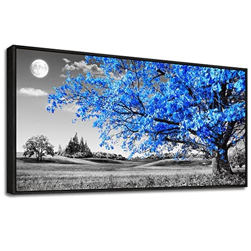 Black Framed Canvas Wall Art For Living Room & Office - Large Size Blue Moon Tree Scenery - 20" X 40"