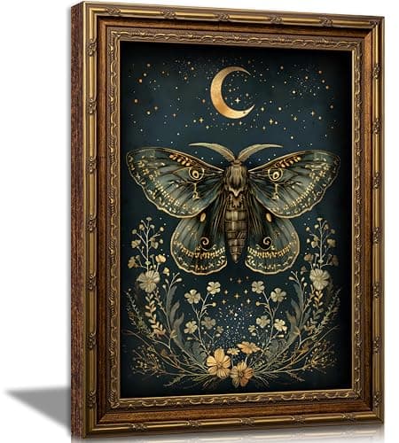 Vintage Gold Framed Butterfly Canvas Wall Art Dark Academia Gothic Moths and Moon Painting Picture Wall Decor Retro Victorian Botanical Insect Flower Poster Print Artwork for Living Room Bedroom