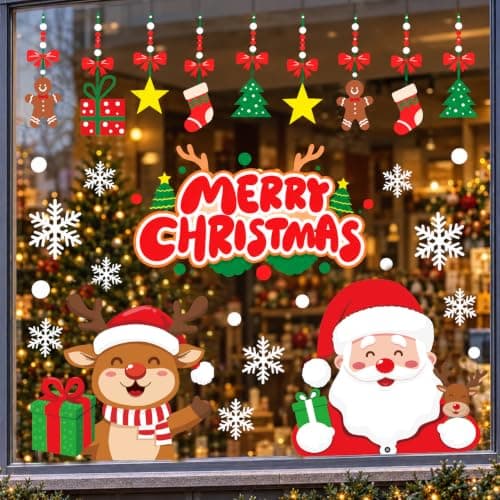 T&W SAME FILM 71 PCS Christmas Window Clings Stickers for Glass, Window, Car Decor, Xmas Decals Decorations Holiday Snowflake Santa Claus Reindeer Decals for Party, Reusable