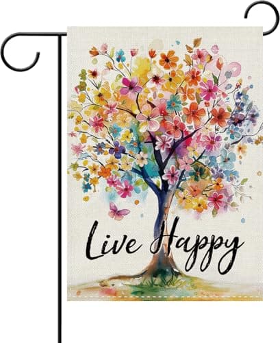 Dyrenson Spring Summer Floral Tree Decorative Garden Flag, Inspirational Live Happy Watercolor Flower Yard Outside Home Decoration, Butterfly Seasonal Burlap Outdoor Small Decor Double Sided 12 x 18