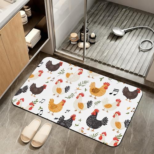ZTHLL Non Slip Bath Mat, Chickens Roosters Bathroom Decor, Leaves Music Notes Diatomaceous Bath Mat Quick Dry Absorbent Bathroom Rugs-Shower Rug for Kitchen Laundry Bathtub Shower 17"x29.5"