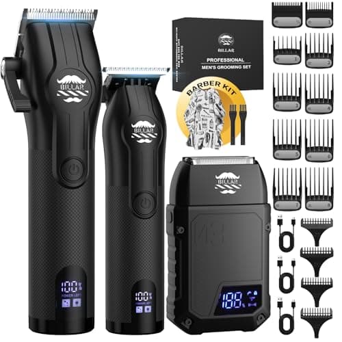 BILLAR® Cordless Barber Kit, Professional Hair Clipper Set with Trimmer and Foil Shaver, Rechargeable Haircut Grooming Tools for Men Barbers, Blackk