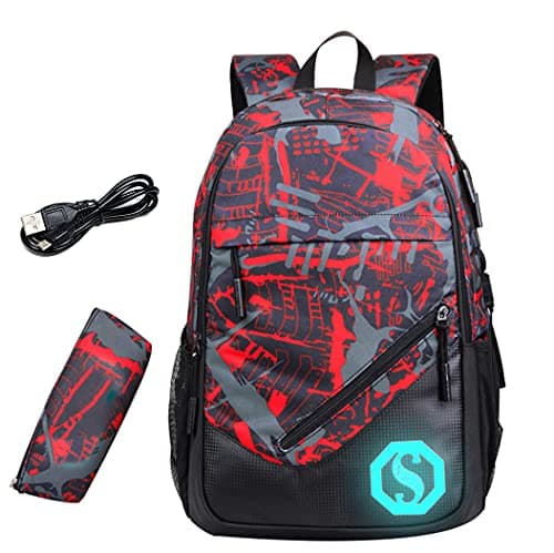 JiaYou Teenage Boy Girl Unisex Multifunctional School Bag Backpack with Florescent Mark(20L, USB ColorV 2 Sets)