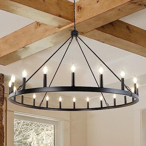 WBinDX Black Wagon Wheel Chandelier Diam 47 inch, 20-Light Large Farmhouse Chandelier Round Industrial Hanging Ceiling Light Fixture for High Ceilings Living Dining Room Foyer Entryway Staircase