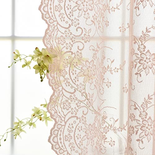 Kotile Blush Lace Curtains 80 Inch Length 2 Panels Vintage Vine Floral Lace Sheer Curtains for Girls Bedroom, Rod Pocket Light Filtering Privacy Sheer Window Curtain, 52 x 80 Inch, Blush Pink
