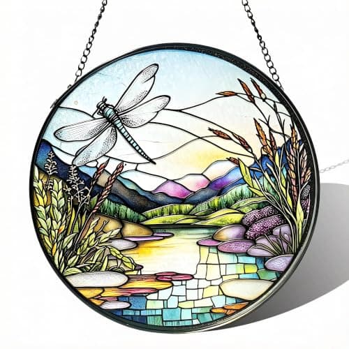 River and Dragonfly Pattern Suncatcher Stained Glass,Hanging Stained Glass for Windows,20cm/7.87inch Hand-Painted Sun Catcher，6.3 inch
