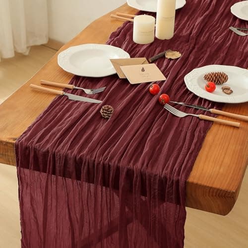 Leetaltree 3 Pack Burgundy Christmas Table Runner, 35x120 Inch Boho Rustic Cheese Cloth Table Runner, Decorative Table Runners for Bridal Baby Shower Decorations or Wedding Table Decorations