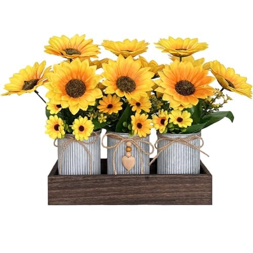 HEMYLU Sunflowers Artificial Flowers Decorations, Sunflower Table Centerpieces for Wedding, Artificial Flower Arrangement Farmhouse Décor for Dining Room, Living Room, Coffee Table, Study Desk