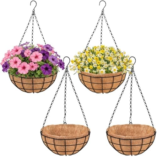 PIKAMAO 14 Inch Hanging Baskets for Plants Outdoor, 4 Pack Large Hanging Planters for Outdoor Plants, Round Metal Wire Hanging Flower Pots with Coconut Coir Liners for Garden, Deck, Porch, Balcony