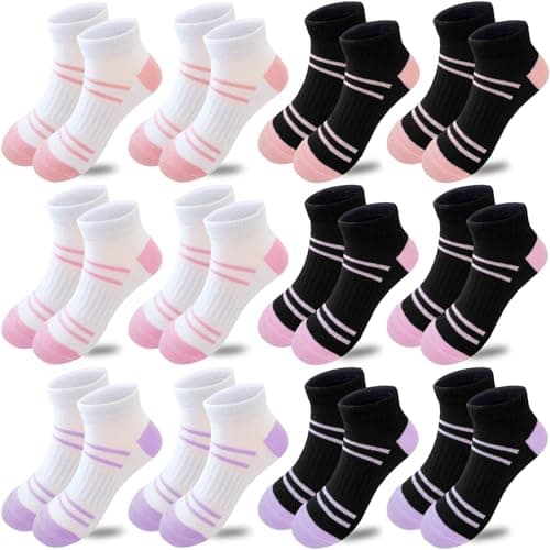 Bemeol 12 Pairs Girls Socks Kids Low Cut Ankle Athletic Socks Cotton Sports Sock(7-10 Years)