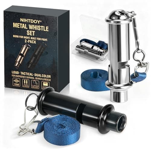 Nihtdoy Emergency Whistles 2 Pack, 120dB Pealess Solid Iron Safety Whistles with Nylon Lanyards & Case, Black Coated & Silver, for Hiking, Camping, Coaching, Emergency Kits