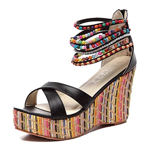 getmorebeauty Women's Black Weave Wedge With Pearls Across The Top Platform High Heels 5 US