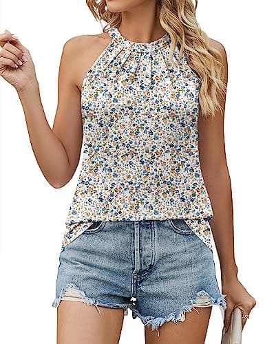 White Sleeveless Tops Boho Outfits for Women Halter Top Basic Fitted Workout Tank Tops Tunics for Summer Tops Floral, L