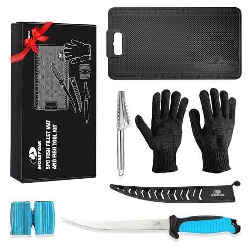 Mossy Oak Fish Fillet Knife Set, 5 PCS Fish Cleaning Kit Includes 7" Fishing Knife, Non-Slip Fish Fillet Mat, Knife Sharpener, Fish Scaler Remover and Cut Resistant Gloves, Fishing Accessories Gifts