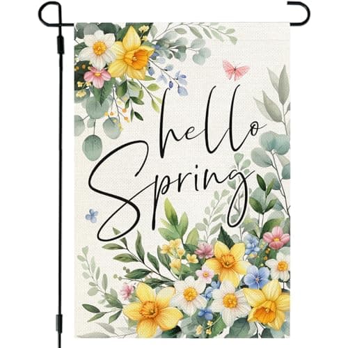 CROWNED BEAUTY Hello Spring Garden Flag Floral 12x18 Inch Double Sided Small Seasonal Holiday Decoration for Outdoor Lawn Yard