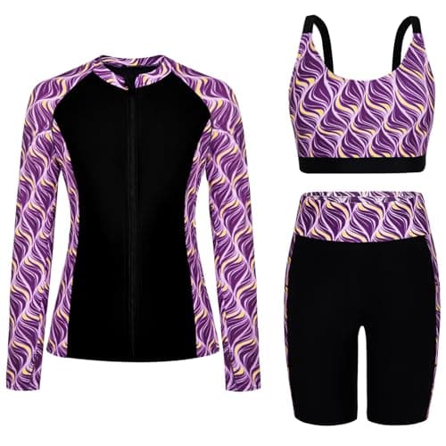 Arolina Swimming Suits for Women Long Sleeve Rash Guard Shirts UPF 50+ Bathing Suit Swimwear Purple Wavy S