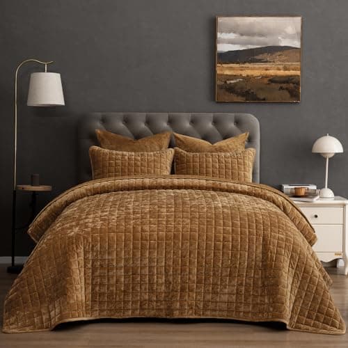 PHF Luxurious Velvet Quilt Set Twin Size – 2PCS Super Soft Quilted Comforter Alternative with Square-Box Quilt Pattern, Warm Quilted Bedspread Coverlet, 68" x 92", Rusty Burnt Orange