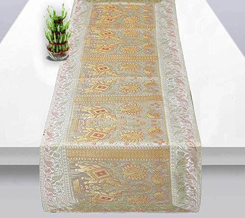 Indian Handmade Elephant Design Table Runner Traditional Decorative Ethnic Kitchen Table Cloth for Wedding Bridal Birthday Party Decorations Bridal Shower Baby Shower, 60 X 16 White & Gold Color