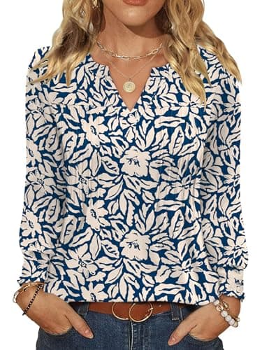 Ivicoer V Neck T Shirts for Women Pleated Fall Long Sleeve Tops for Women Henley Trendy Womens Tops Dressy Loose Fit L