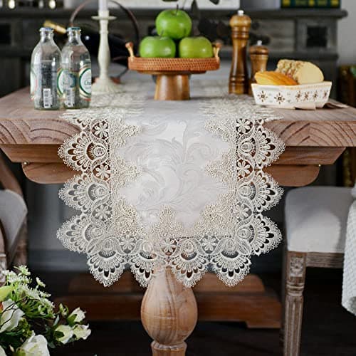 ARTABLE Lace Table Runner Macrame Farmhouse Boho Christmas Rustic Embroidered Dresser Scarf Oblong for Wedding Shower Kitchen Outdoor Party Decor (Stone Grey, 16 x 48 Inch)