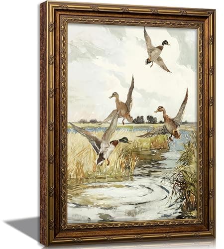 Vintage Gold Framed Flying Duck Canvas Wall Art Country Mallard Duck Wildlif Painting Picture Wall Decor Retro Rustic Landscape Poster Print Artwork for Living Room Bedroom Office Home Decoration