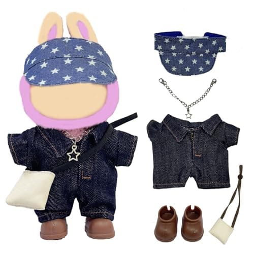 Clothes for LABUBU 17cm Doll (NO Doll), Stylish 5 Piece Denim Jeans Outfits Accessories Set with Clothing+Hat+Shoes+Bag+Necklace for Dolls