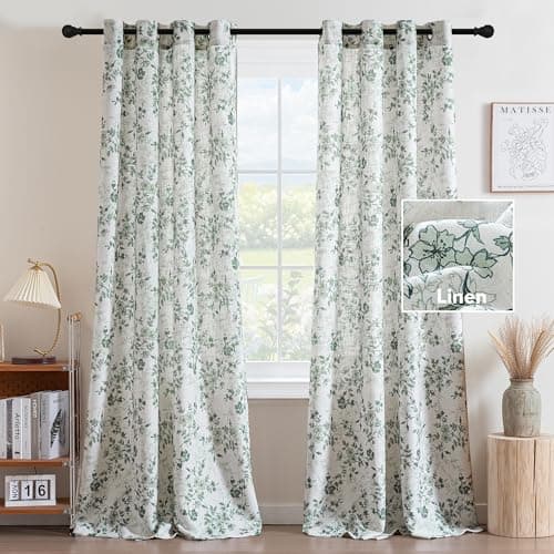 H.VERSAILTEX Linen Blend Curtains for Living Room Printed Floral Curtain Grommet Farmhouse Flower Patterned Drapes Window Treatment Panels Set of 2 Panels, 52" W x 96" L, Retro Floral - Sage
