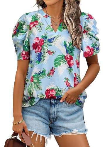 Ezcosplay Hawaiian Shirt Puff Sleeve Tops for Women Luau Tropical Outfits Notched V Neck Summer Casual Floral Tshirt Baby Blue