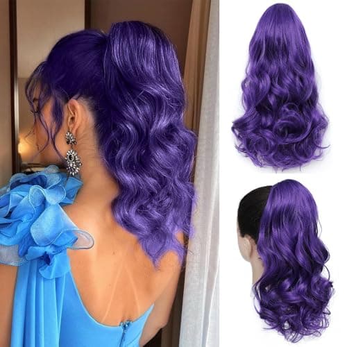 Mychanson Drawstring Ponytail 16 Inches Wavy Curly Ponytail Extension for Women Synthetic Drawstring Pony Tails Hair Extensions for Daily Use(Purple)
