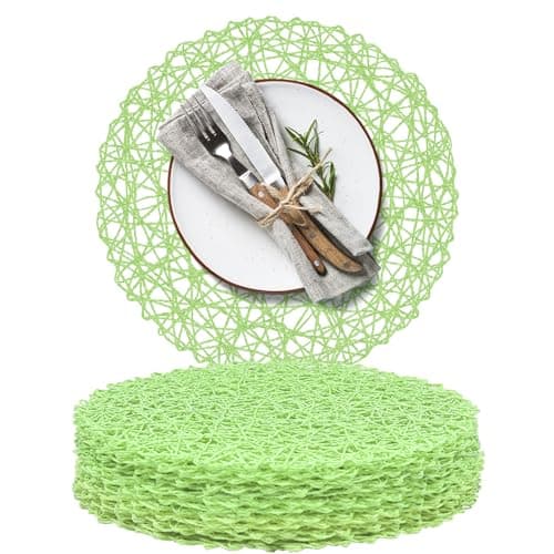 AHHFSMEI Paper Braided Round Placemats Set of 12 Natural Non-Slip Heat Resistant Table Mats for Dining Tables Woven Indoor Outdoor Place mats(Light Green,12)