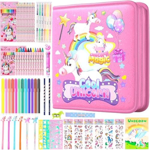 DOKKIA Fruit Scented Coloring Pens Markers Set 65 PCS Art Craft Drawing Case - Washable Kits Pencil,Gel Pen,Crayon&Coloring Book Supplies Rainbow Unicorn Pink