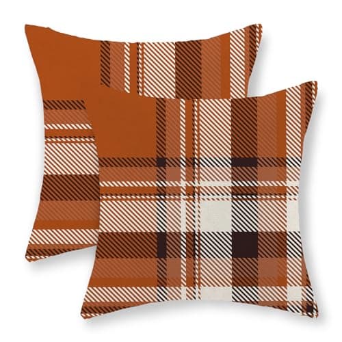JEFERSO Fall Pillow Covers 18x18 Inch Set of 2 Burnt Orange Black Plaids Throw Pillows Autumn Harvest Thanksgiving Decoration Pillowcases Linen Outdoor Fall Decor Cushion Covers for Couch Sofa Home
