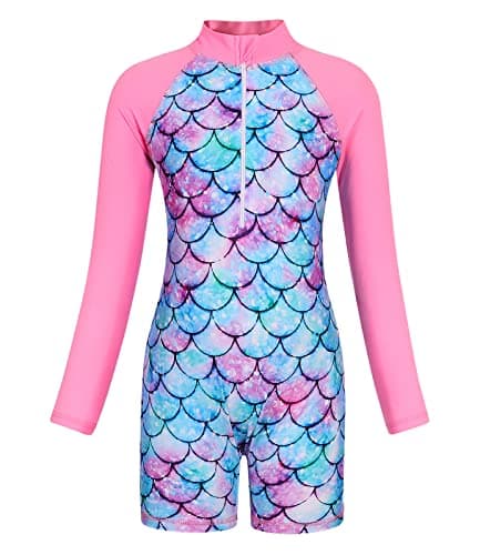 AmzBarley Girls Swimsuit Mermaid Rash Guard Shirt One Piece Swimwear Fish Scale 3D Printed Long Sleeve Bathing Suit UPF 50+ Sunsuit Pink Size 3T(2-3Years)