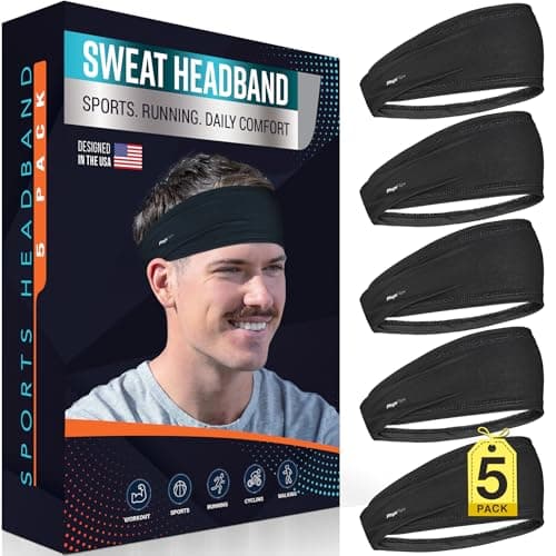 5-Pack Sport Headbands for Men & Women - Sweat-Wicking Workout & Running Head Bands - Exercise Sweat Band for Workout, Basketball, Tennis, Cycling, Yoga (Black)
