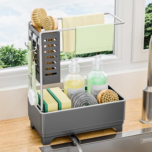 Sincereshe Stainless Steel Sink Caddy, Sponge Holder for Kitchen Sink with Brush Holder and Towel Rack, Sink Organizer for Countertop, Soap Dispenser Kitchen Organizers Storage Essentials(Gray)