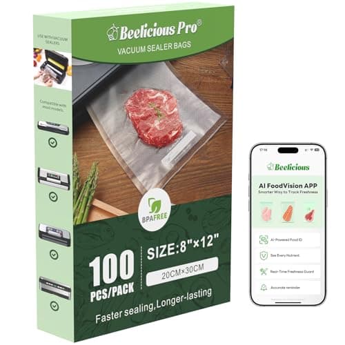 Beelicious Pro Precut Vacuum Sealer Bags for Food Storage 100 Count 8" x 12" with BPA-Free, Heavy Duty, Commercial Vacuum Seal Bags for Sous Vide & Seal a Meal