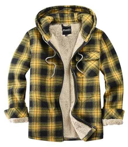 Elesuit Men's All Cotton Flannel Shirt Zip Up Plaid Shirt Jacket Yellow M
