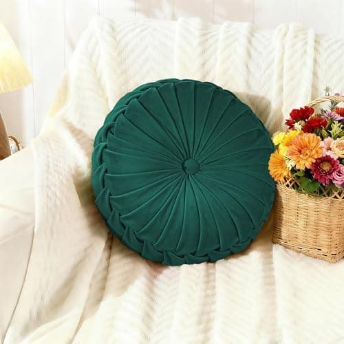 ROSE&RISY Round Pleated Velvet Throw Pillow, 1 Pack Decorative Accent Pumpkin Pillow Cushion for Couch Sofa Bed, Soft Plush Retro Vanity Throw Pillows for Home Decor, 14.5 Inch, Teal