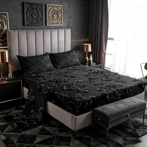 Feelyou Gothic Damask Bed Sheets Set Jacquard Fitted Sheet King Size 4 Pcs