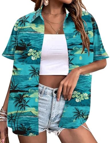 LOMON Hawaiian Shirts for Women Floral Tropical Button Down Short Sleeve Hawaii Beach Tshirts Blue Coconut Tree L
