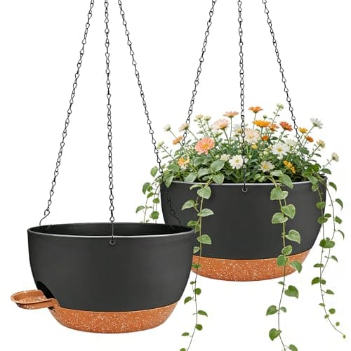 CNLBO 2 Pack 12 Inch Self‑Watering Hanging Planters Plant Pots, Black‑Brown