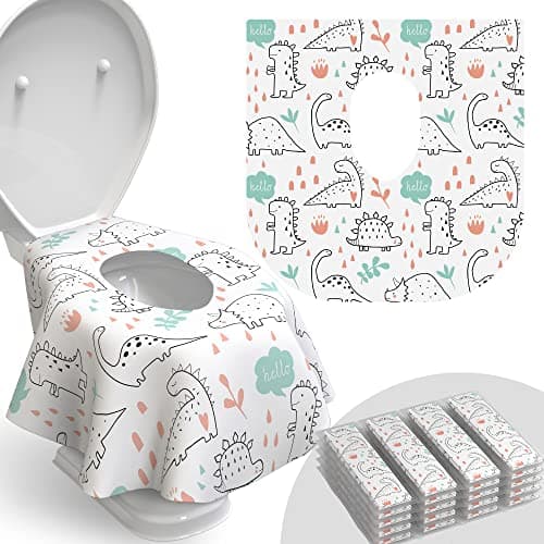 Relyo Disposable Toilet Seat Cover for Travel – 20 Pack with Covers Wrapped in Sets of 2, Non-Flushable Liners, Fits Most Seats – Kids, Toddlers, Adults (Dinosaurs, 20)