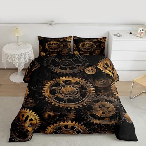 Golden Ndustrial Gear Comforter Set Queen Size Steampunk Style Bedding Set Clocks Theme Bedding Sets & Collections For Kids Boys Teens Men Mechanical Device Quilt Set,Retro Style Bedroom Decor
