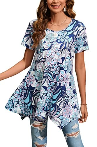 ENMAIN Tunic Tops for Women Plus Size Short Sleeve Casual Blouse Blue Pink Floral Shirts Swing Tops Ladies Longline Blouses Summer Spring Holiday