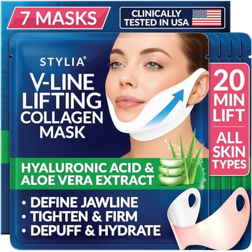 Stylia V Line Lifting Collagen Mask - Lift, Firm & Contour Jawline - Tightening Double Chin Strap with Hyaluronic Acid & Aloe - Neck Tightening and Lifting Mask - Jawline Shaper Face Lift Tape (7PC)