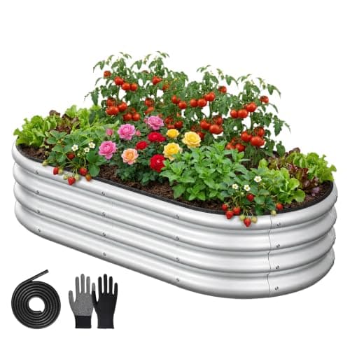 Rujkodvh 4x2x1 FT Oval Metal Raised Garden Bed, Open Bottom Design Elevated Garden Planter Box Outdoor, Trough Planter for Outdoor Plants, Flower, Vegetables, Fruit, Herbs (Silver, 1PC)