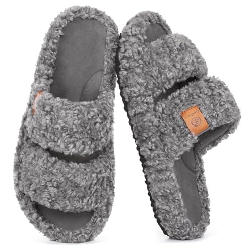 EverFoams Womens Fuzzy Open-toe Slippers Indoor Cool Gray,9-10 US