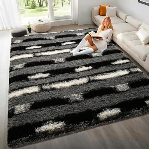Woottpe Black and Grey Rug for Living Room Bedroom, 6x9 Fluffy Soft Plush Area Rugs with Non-Slip Backing, Modern Striped Shag Fuzzy Carpets for Kids Playroom Nursery Dorms Home Decor